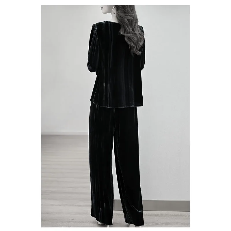 FengBaoyu Silk Velvet Ladies Spring and Autumn Set Long Sleeves and Pants 2 Pieces of High-end Temperament Comfortable Clothing