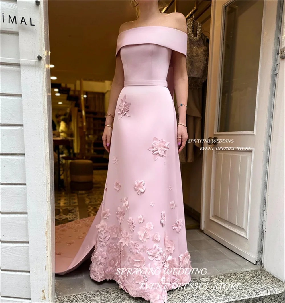 SPRAYING Exquisite Pink A-line Wedding Dress Photo Shoot  Chapel Train Boat Neck Bateau Off the Shoulder Handmade Flowers