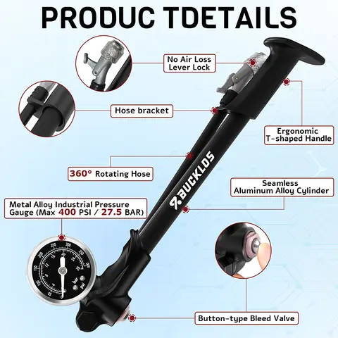 BUCKLOS 자전거 에어 포크 펌프 최대 400psi 27.5Bar 300psi 20Bar 자전거 리어 쇼크 펌프 알루미늄 합금 자전거 슈레더 타이어 인플레이터