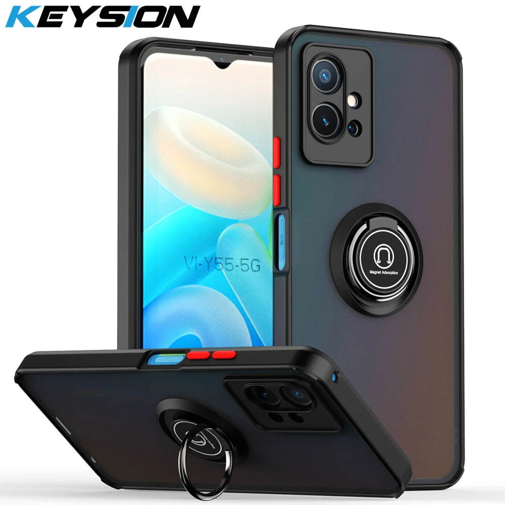 KEYSION Fashion Matte Case for VIVO Y55 Y75 5G T1 5G India Transparent Shockproof Ring Stand Phone Back Cover for IQOO Z6 5G