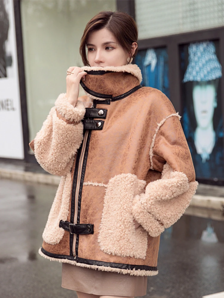 MENINA BONITA 2022 New Winter Jacket All Wool Sheep Shearing Fur Coat Loose Grain Fleece Warm Women Luxury Outerwear Streetwear