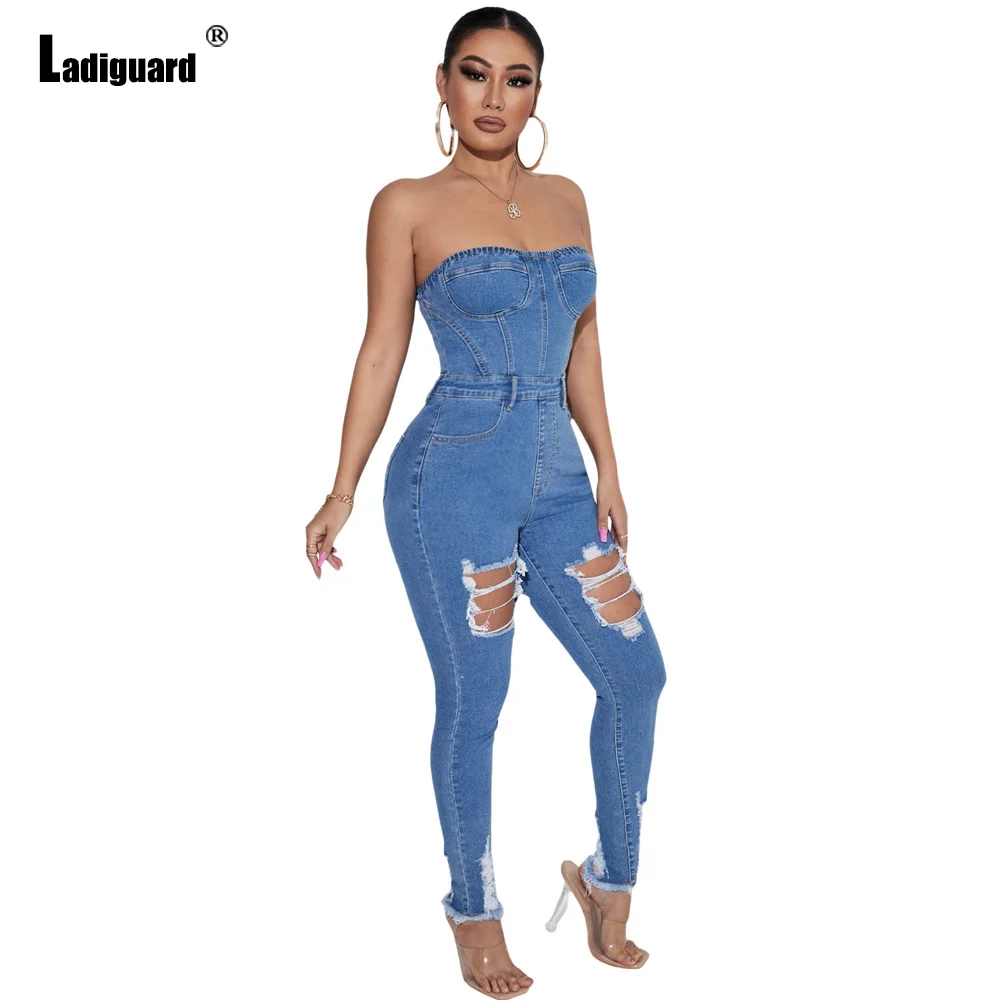 

Ladiguard 2024 European Style Fashion Ripped Jeans Demin Jumpsuits Women Slash Neck Denim Trouser Autumn Hole Shredded Overalls