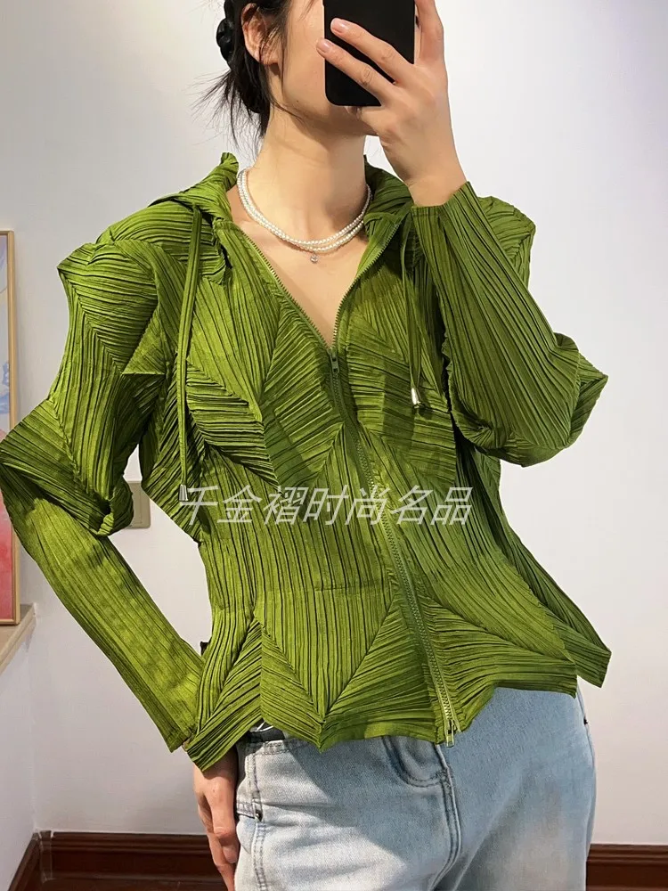 ダイヤモンドプリーツデザインレディースコート2025春新作おしゃれ高級感デザインセンスゆったり着痩せフード付きジッパートップ