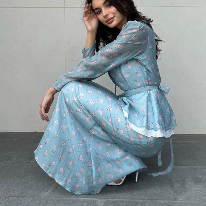 Summer Women 2 Piece Floral Print Outfit Square Neck Long Sleeve Peplum Top & Mermaid Hem Maxi Skirt Set Elegant Party Dress