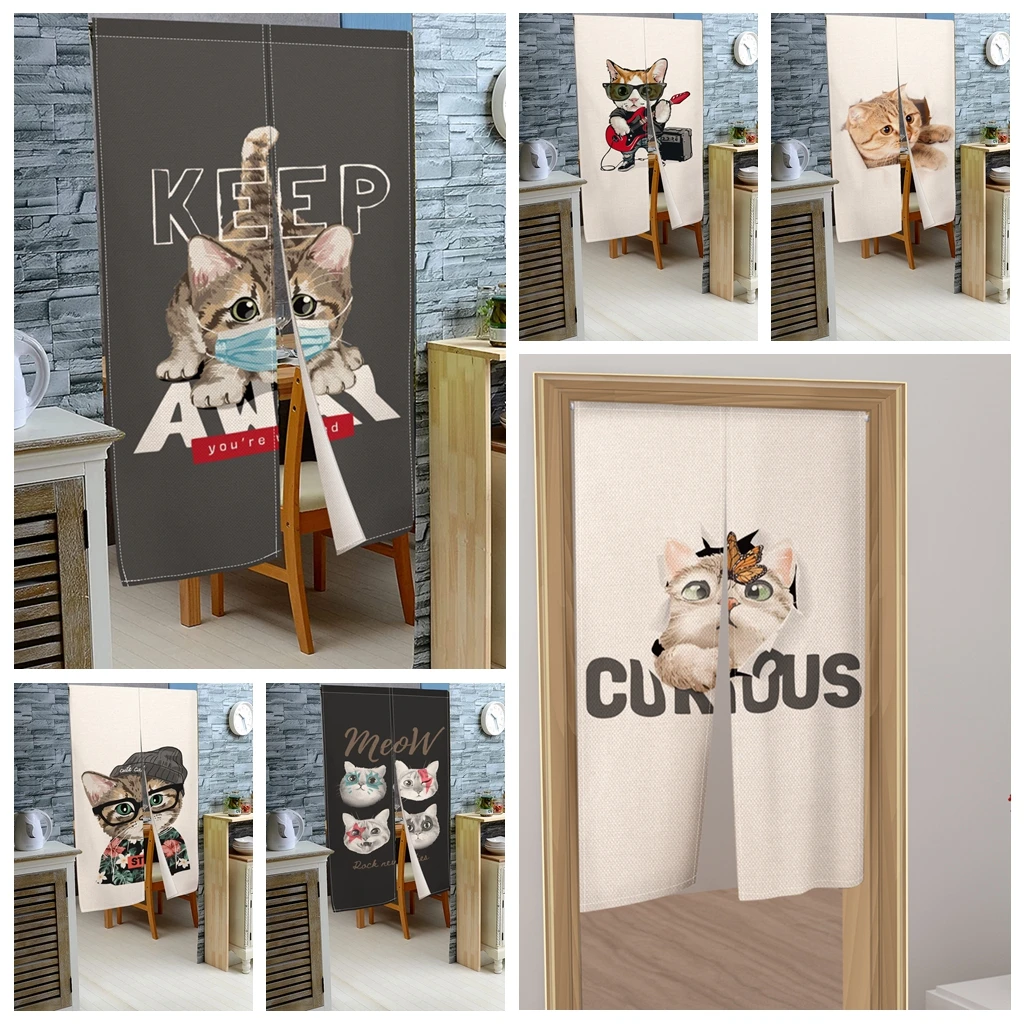 Cute Pet Cat Slave Door Curtain Living Room Bedroom Noren Porch Partition Curtain Kitchen Bathroom Hanging Half Curtain Decor