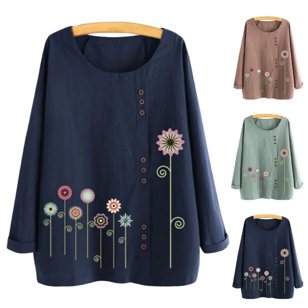 2022 Shirt Woman Casual Cotton O-Neck Long Sleeve Loose Fit Women Blouse Elegant Flower Print Buttons Decor Shirt Top Streetwear