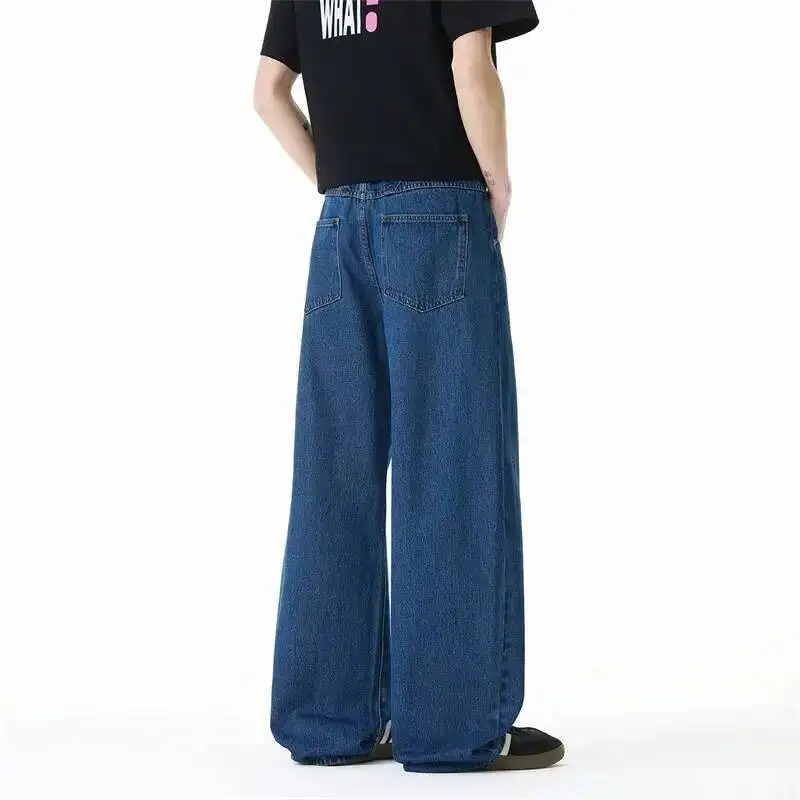 Vintage Washed Dark Blue Men's Straight Leg Jeans Split Design Loose Casual Long Denim Pants Fashion New Trousers N46X