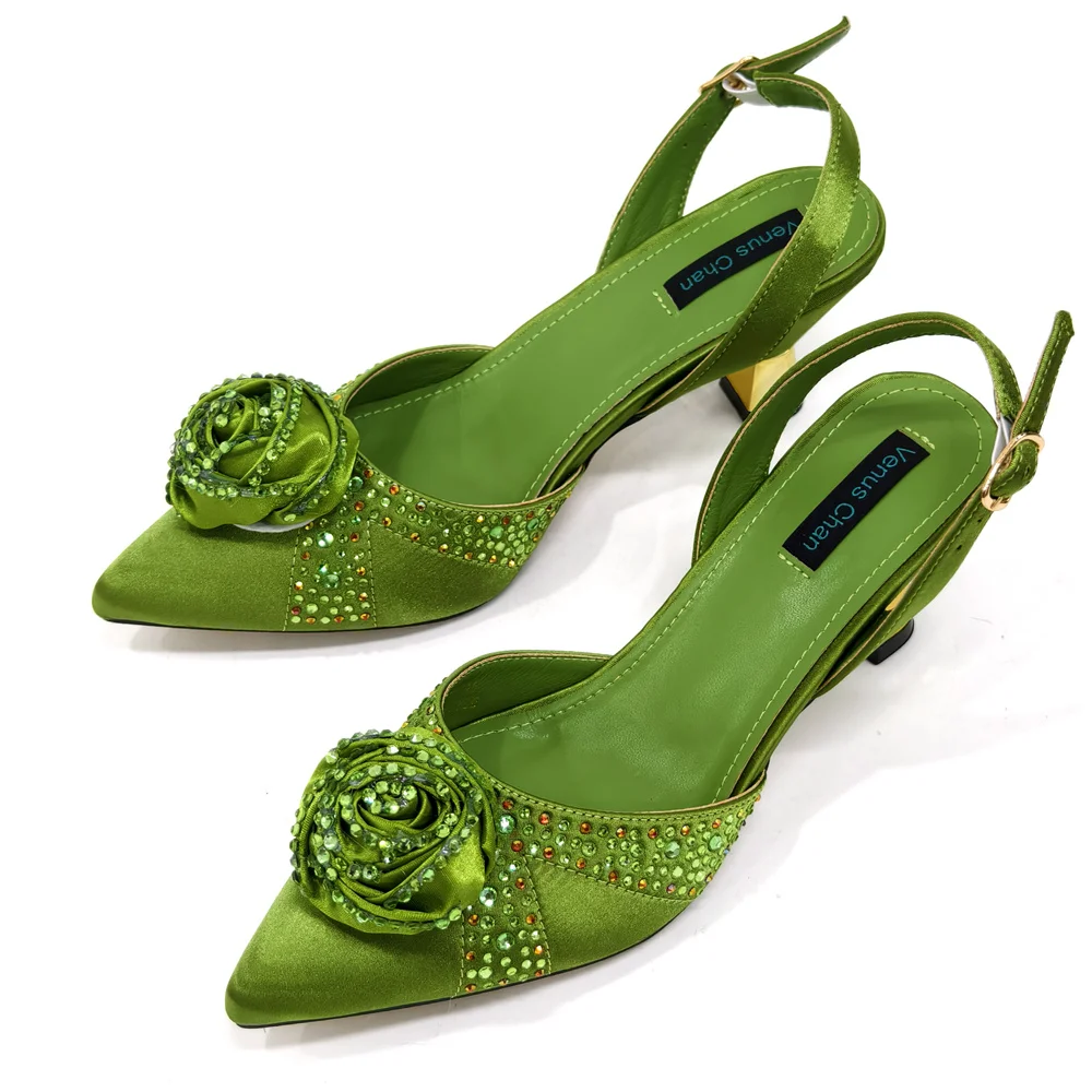 Venus Chan Sparkling Rhinestone Rose Pumps With Medium Heel for Nigerian Women\'s Party, Pointed Toe Shoes and Matching Bags