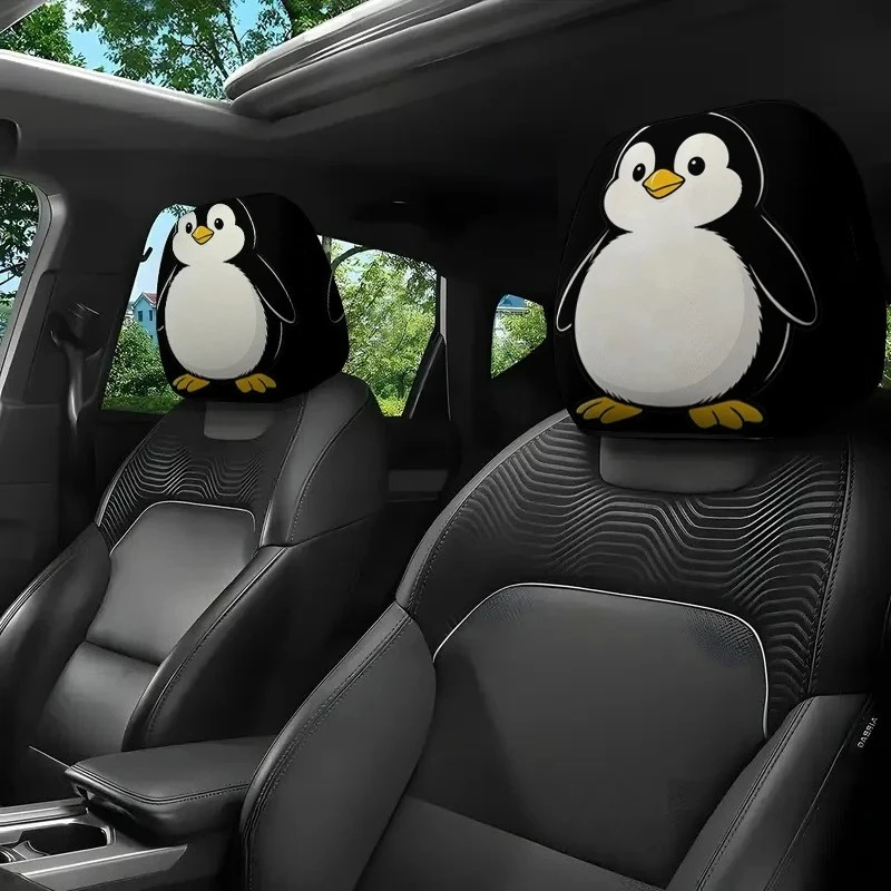 Cute Penguin Standing Naive Expression Print Car Headrest Cover All Season Use