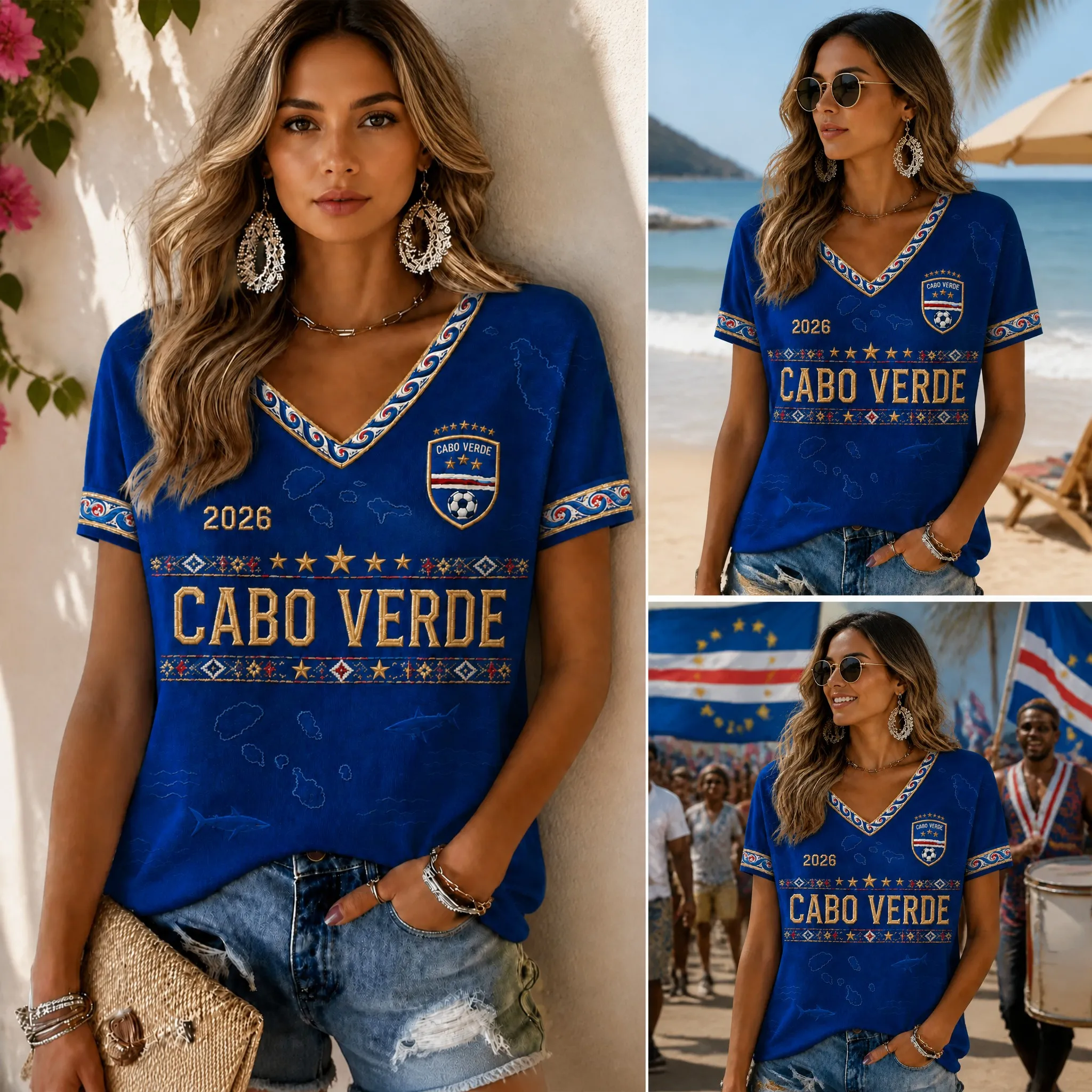 T-shirt de football pour femme Cabo Verde, col en V, motif rayures géométriques, manches courtes, décontracté, style insulaire, idéal pour l'été et les voyages