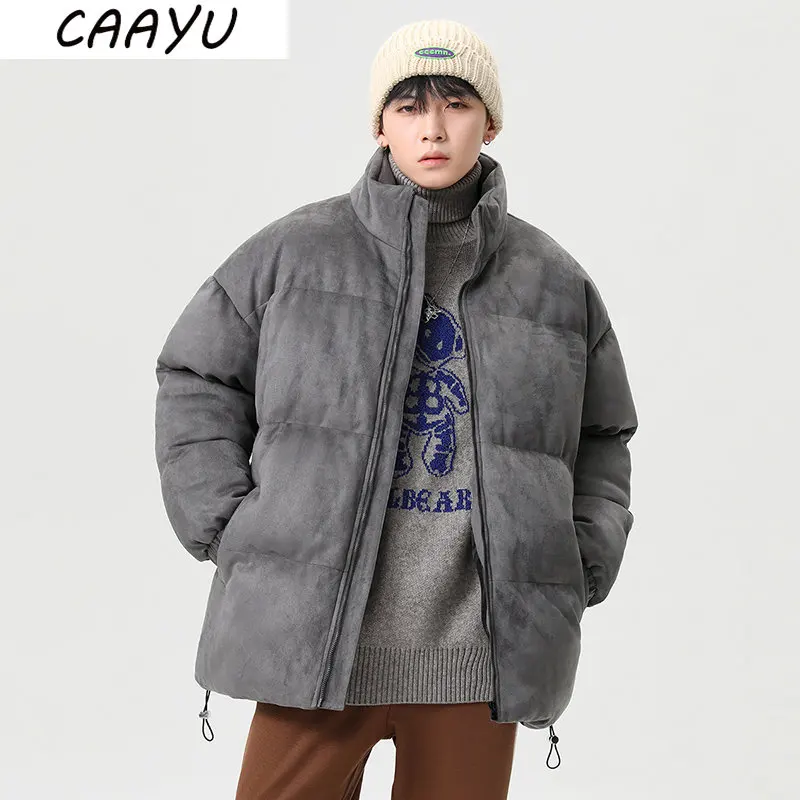 CAAYU 2022 Winter Down Jacket Men's Fashion Harajuku Oversized Fleece Coat Japanese Streetwear Windproof Outwear Gray Coat Male