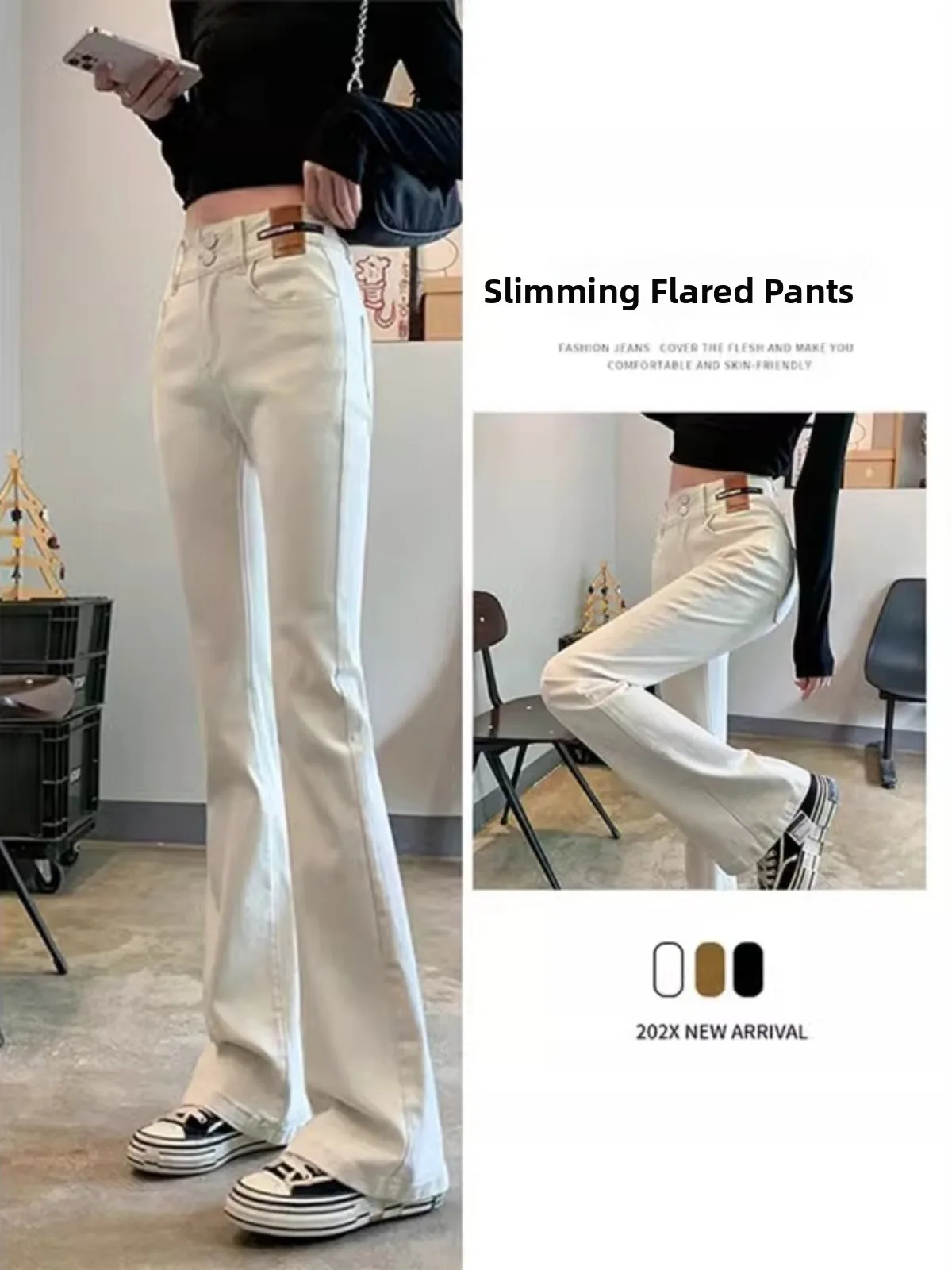 High Waist Slim Fit Casual Bell Bottom Jeans Women's Spring New Style Light Color Long Pants Summer Collection