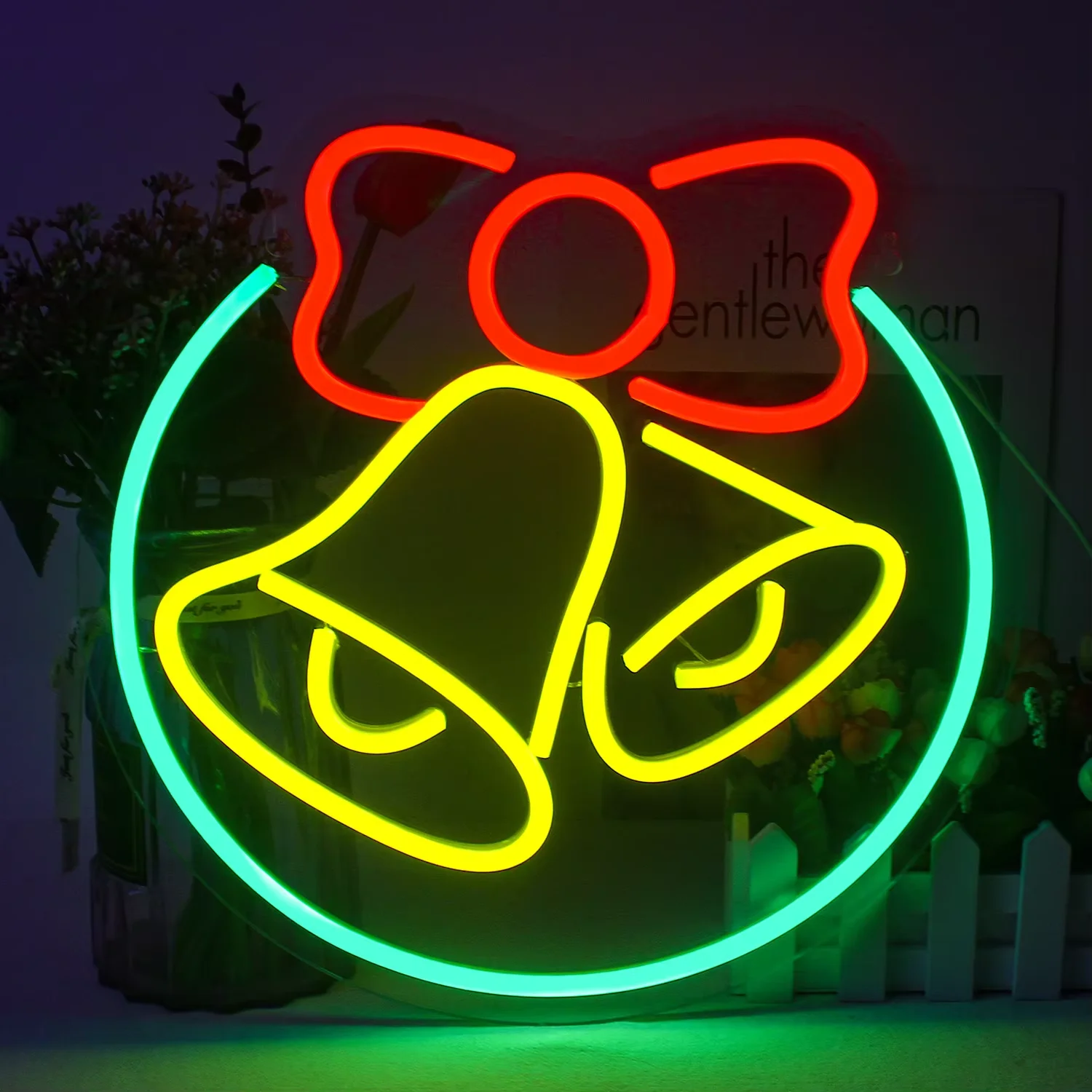 Christmas Wreath Neon Sign Led Lights Xmas Bell Bow Art Wall Decor Signs Room Decoration Bedroom Home Party Bar Dimmable Lamp