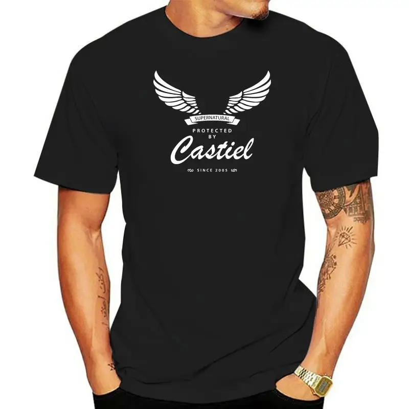 Protected By Castiel Supernatural Men T Shirt 100% Cotton Short Sleeves T Shirts Top Tee Letter Printing Plus Size