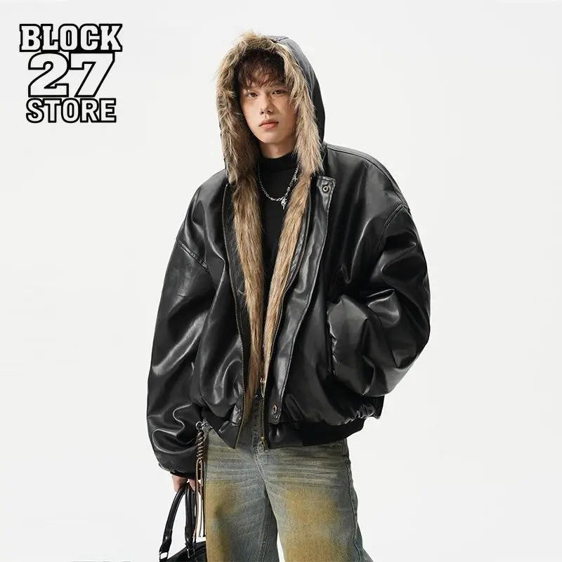 

Мужская куртка Harajuku, зимняя двусторонняя кожаная куртка премиум-класса из искусственной овчины, толстая теплая стильная крутая уличная одежда, новая верхняя одежда