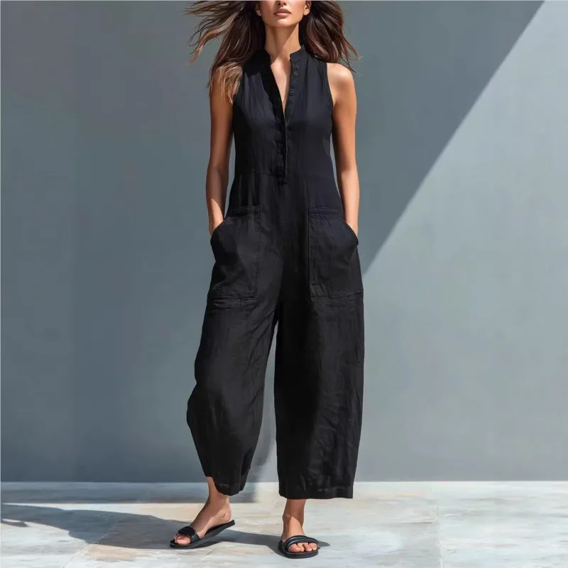 

Женский комбинезон Macacao Elegante с V-образным вырезом, без рукавов, с карманами, повседневный, летний, новый, универсальный, однотонный