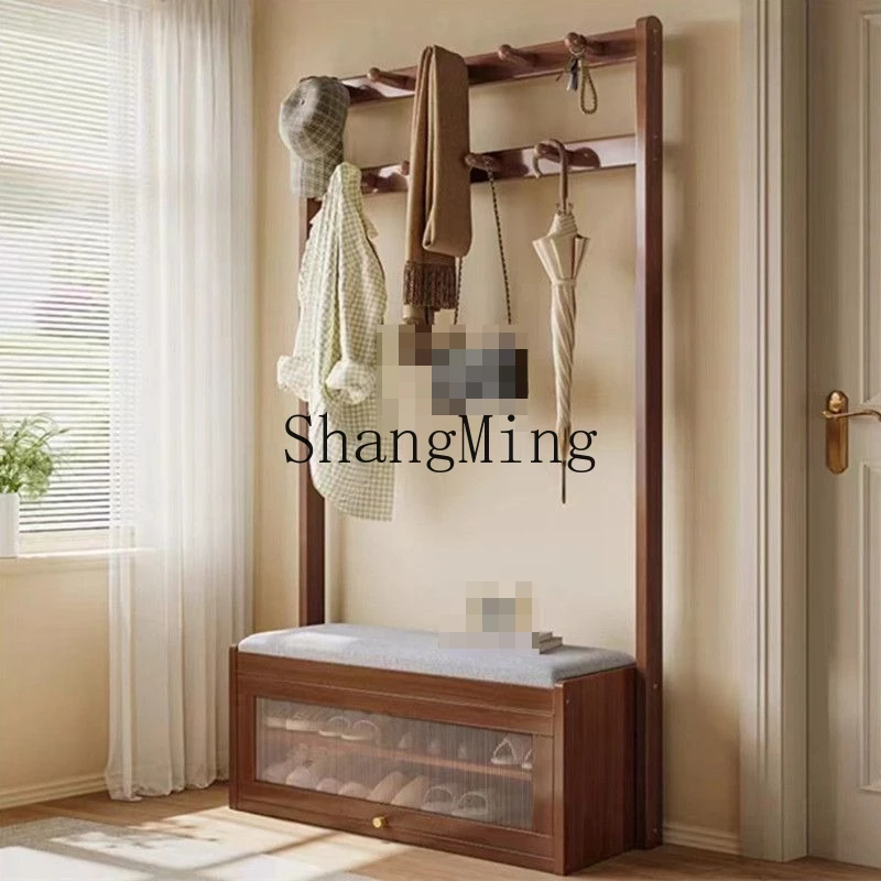 FG good-looking  new all-solid wood door hanging wardrobe shoe stool integrated with thick rod entrance living room hanger