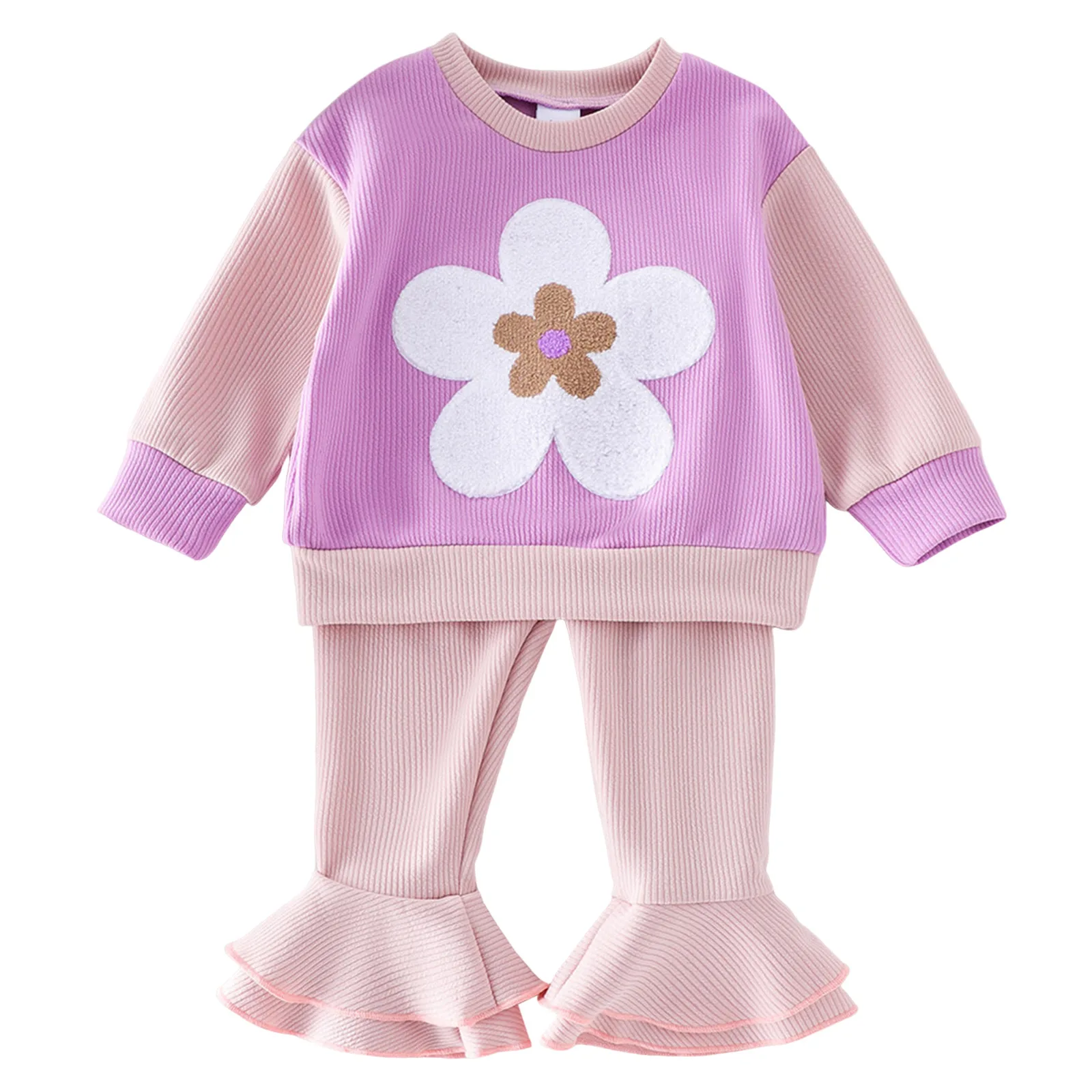 

Checke Pants Girls Baby Girl And Purple Color Blocked Floral Set 3D Long Sleeved Top And Flared Pants Sweet Kid Sweatsuit Set