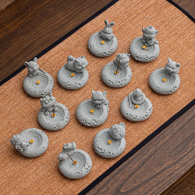 Green Sandstone Zodiac Incense Holder Tea Pet Chinese Style Decor For Office Desktop Tea Table Household Craft Ornament