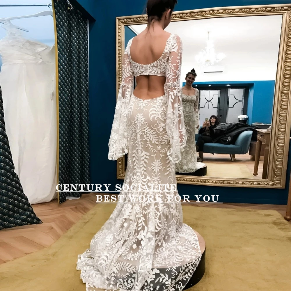 Suknia ślubna bez pleców w stylu boho, długie rękawy w kształcie skrzydła nietoperza, koronkowa syrenka, artystyczna suknia dla panny młodej 2025 Vestido de Novia Boda cywilna dostosowana