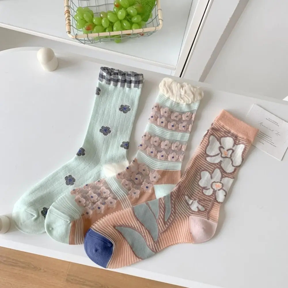 

2/3Pairs Sweet Transparent Flower Socks Flower Stripe Crystal Silk Tube Socks Mesh Thin Hosiery Mid Calf Socks Women Summer