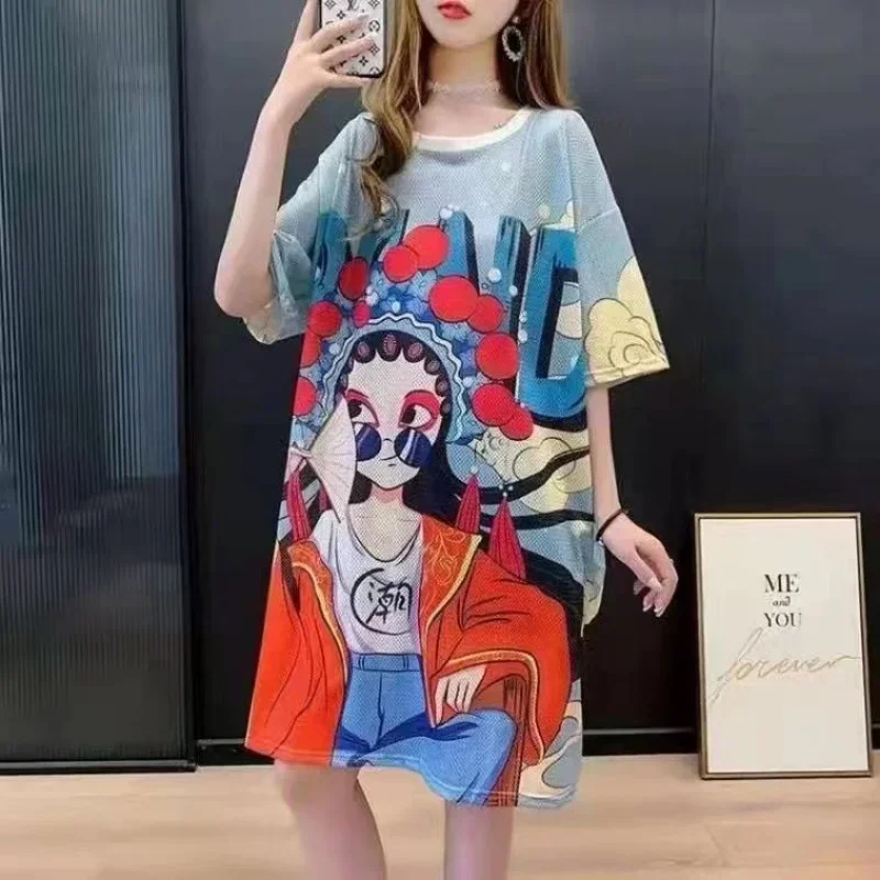 DAYIFUN Summer Quick-dry Mesh T Shirt Dress Women Short Sleeves Printed Ladies Dresses Loose Harajuku Casual Beach Sundresses