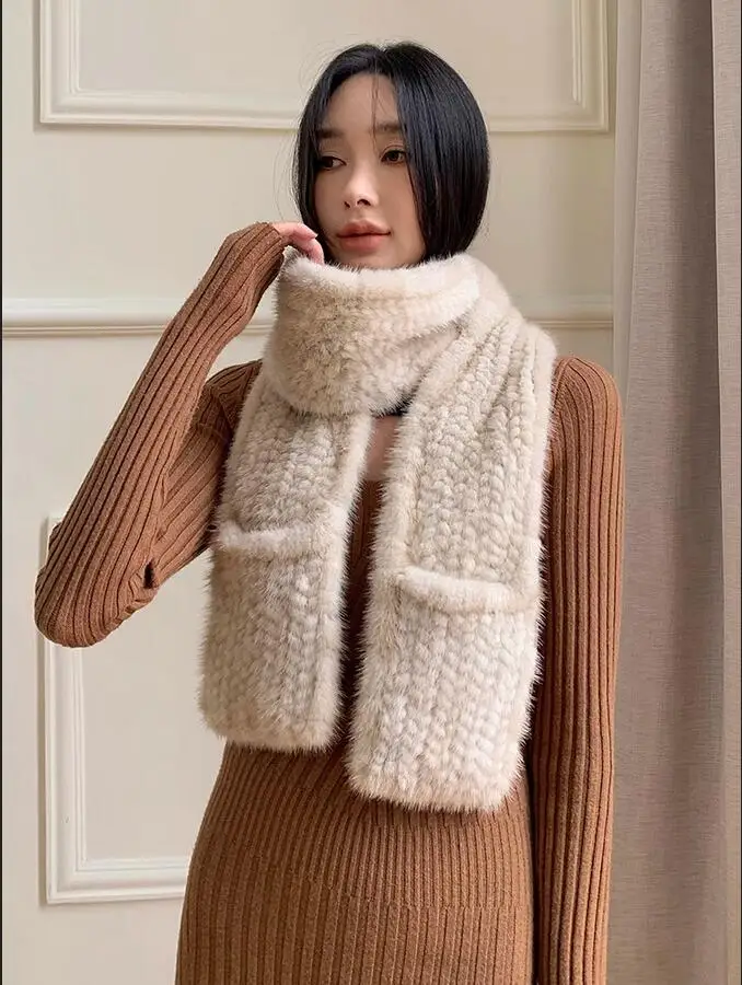 Women Winter Warm Real Mink Fur Scarf with Pocket Lady Fashion High Quality Fluffy Handmade Knitted  Muffler