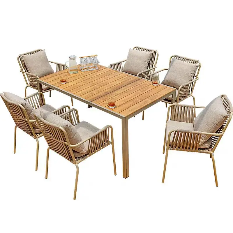 Table and chair preservative wood garden outdoor open-air cafe with plastic wood long table combination
