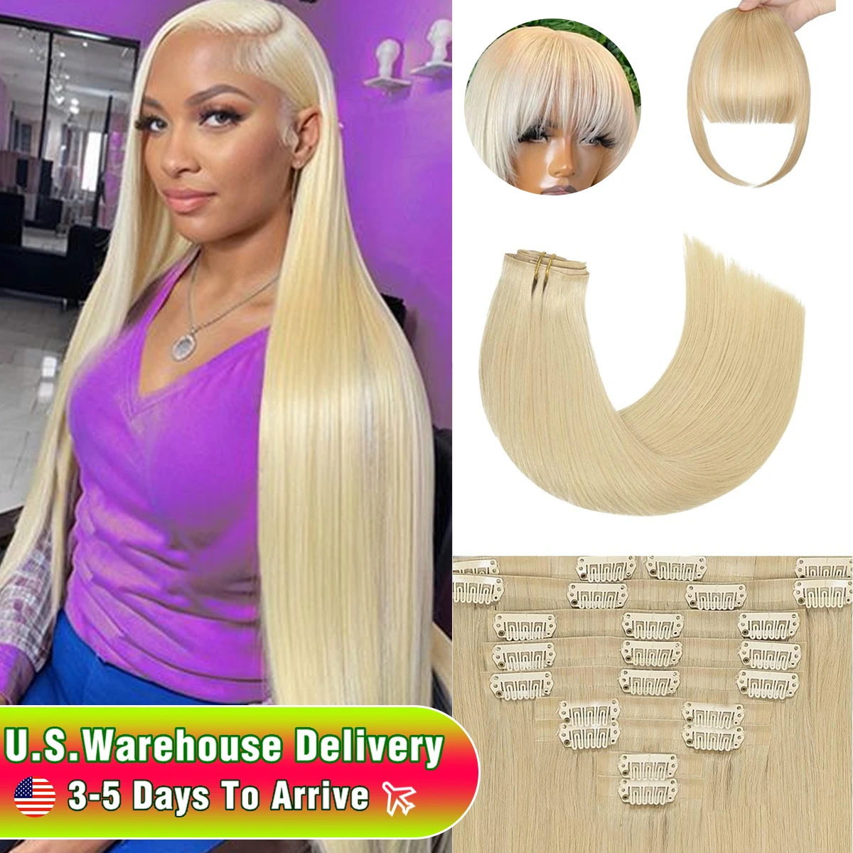 

#613 Clips In Hair Extensions Human Hair Color Blonde Straight Natural Hair Extensions Feel Soft Hairstyle Hairpiece For Women