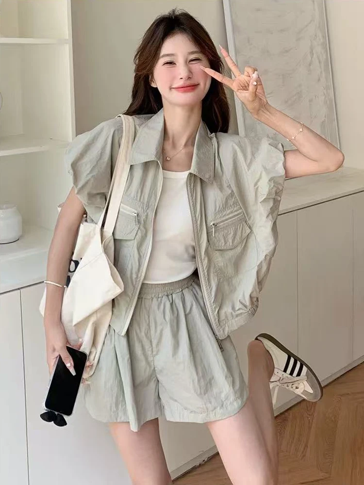 

Casual Sports Shorts Set Women Summer Fashion Loose Quick Dry Short Sleeve Jacket Shorts Set Korean Chic Cargo Two Piece Suit