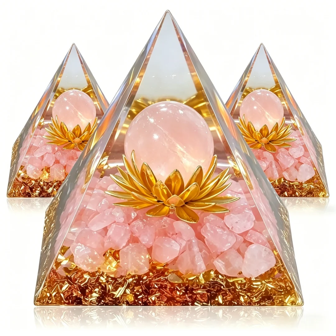 1 Stück Orgonit-Pyramid, klare Kristall-Lotus-Symbol-Orgon-Pyramide, handgefertigte Ornamente für den Heim-Desktop, Orgon-Pyramide aus Rosenquarz – Detail 1