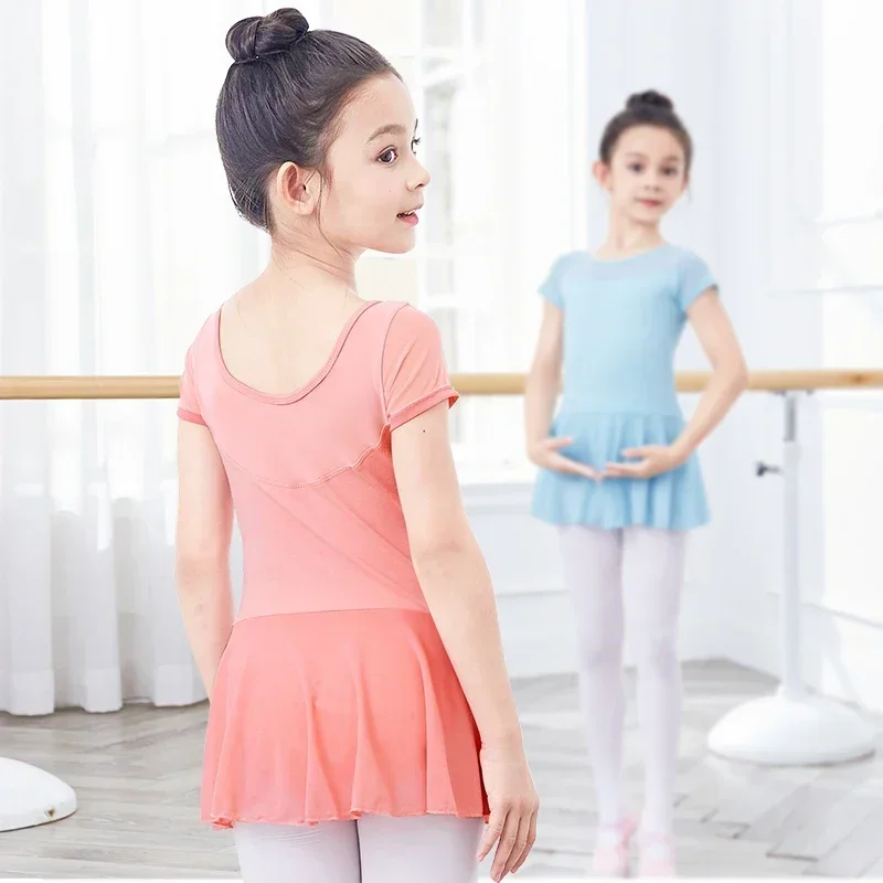 

Kids Girls Ballet Dress Gymnastics Leotards Mesh Splice Short Sleeve Ballet Leotards Dance Costumes Soft Ballet Dance Bodysuit