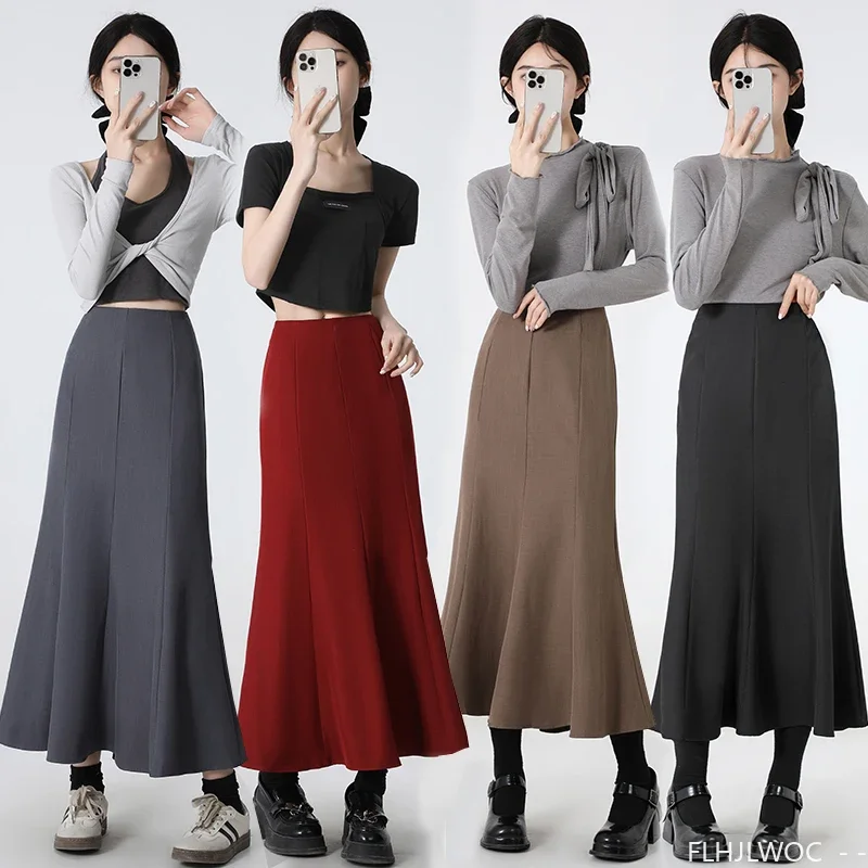 Preppy Style Girls Fish Tail Skirt Women Autumn Simple Fashion Solid Black Split High Waist Tunic Long Pencil Skirts