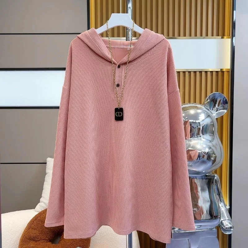 

New Women's Clothing Autumn Winter Solid Color Hooded Sweater Thin Loose Medium Length Draping Large Fashion Long Sleeve Tops