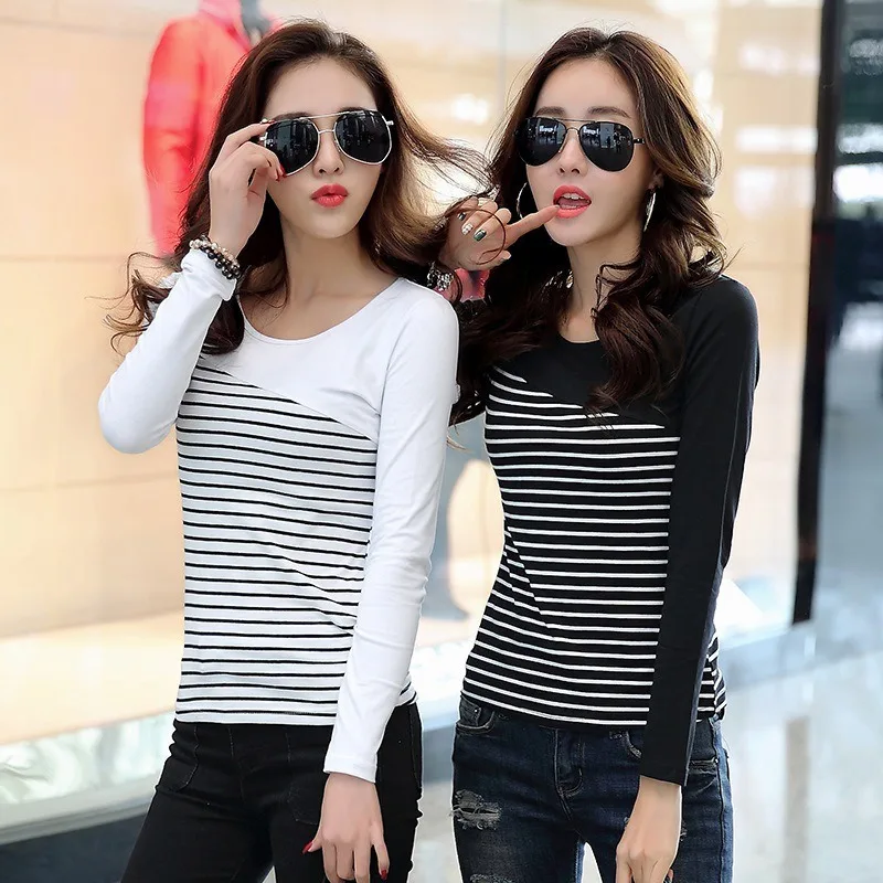 

Women's Autumn Base Top Ladies Casual Striped Stitching Color Contrasting Round Neck Long-Sleeved Slim-Fit Cotton T-Shirt