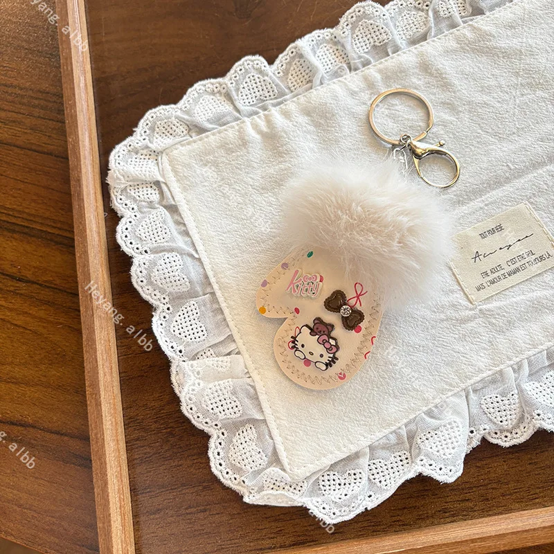 Sanrio Hello Kitty Plush Pu Material Gloves Shape Bow Lobster Clasp Keychain Girl Commuter Bag Decoration Valentine's Day Gift