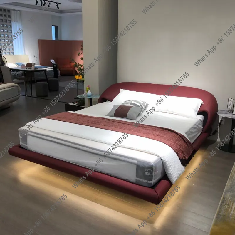 

Italian minimalist suspension bed modern minimalist cowhide master bedroom wedding bed Nordic designer high-end leather bed