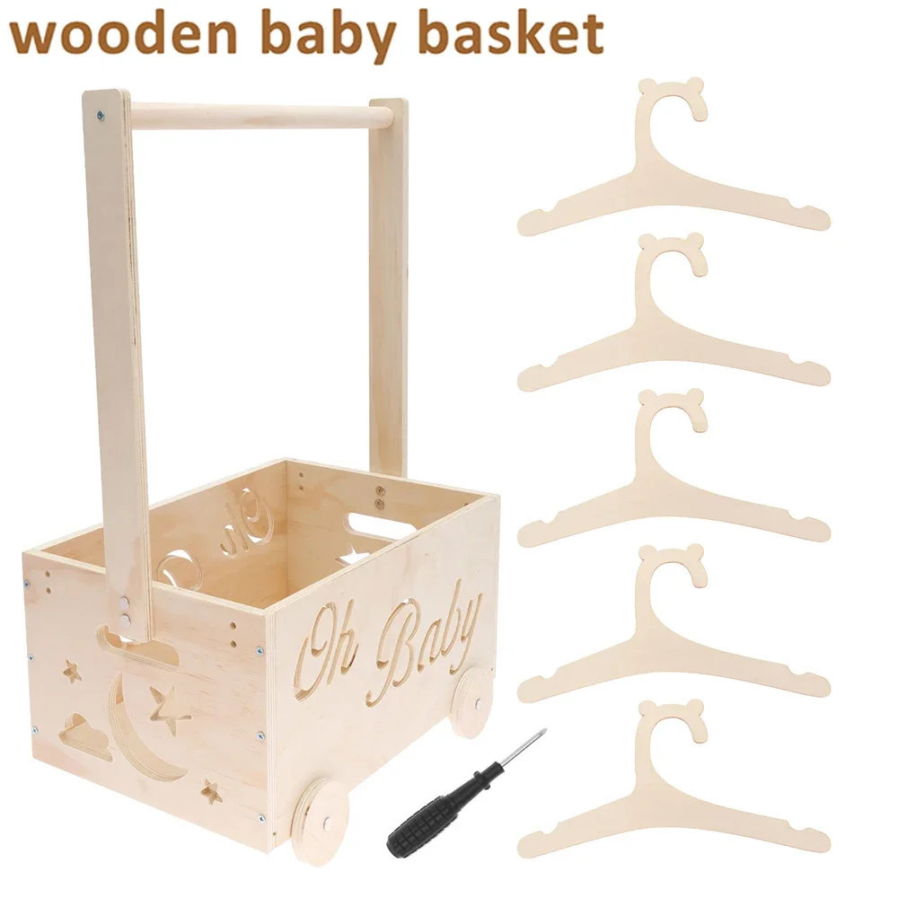 

Baby Shower Basket Wood Storage Crate Baby Toys Clothing Organizer Box with Wheel and Hanger Baby Products for Home Bathroom