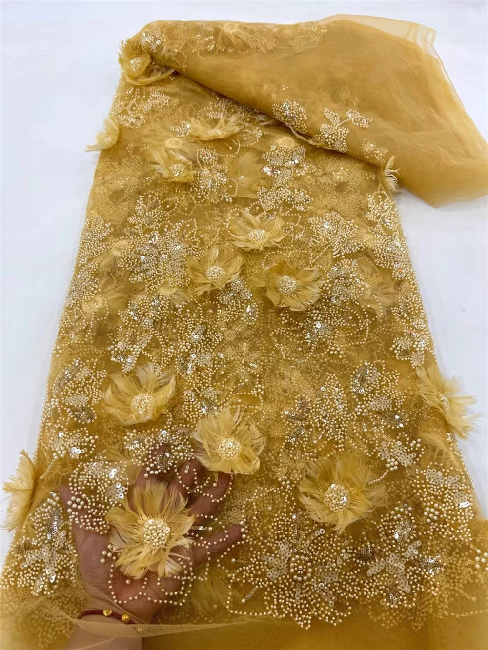 Lace Fabric for Women, Evening Dresses, Sequins, Beaded, Gold, Luxury, Nigerian, African, Tulle, Small Flowers, High Quality