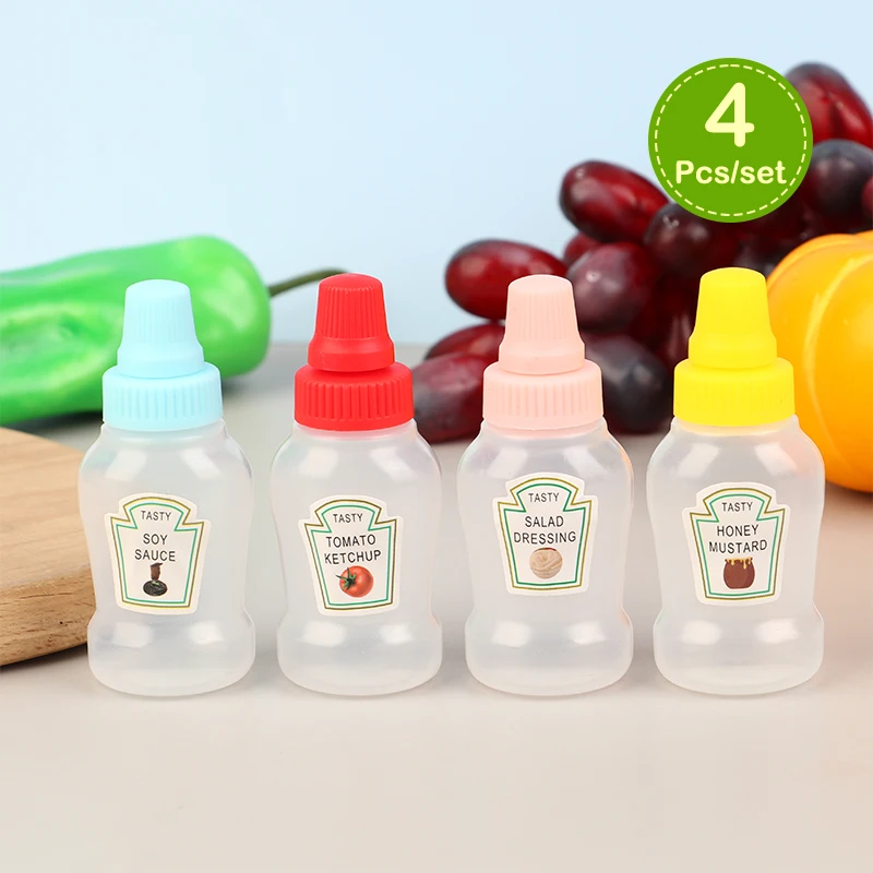 Mini botella de salsa Ketchup, contenedores de ensalada de miel, frascos de salsa portátiles, caja de almuerzo de almacenamiento, dispensadores de vestidor, 4 piezas por juego