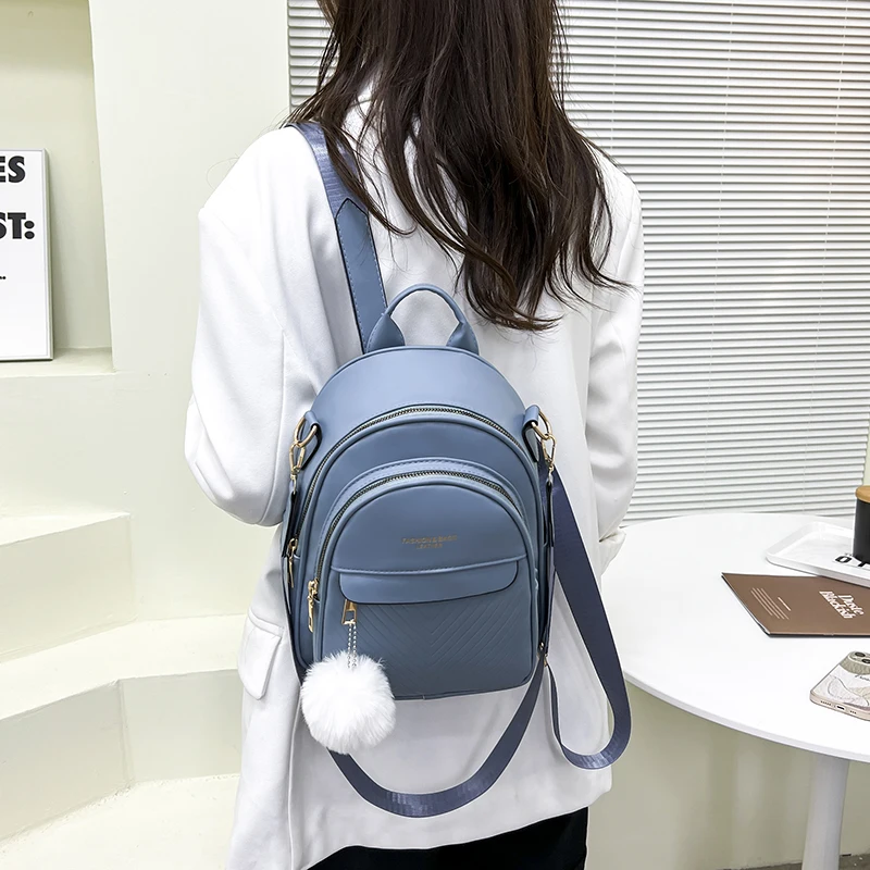 Three-layer Zipper Women\'s Backpack Fashion Hair Ball Pendant Girl Student School Bags Solid Color Casual Travel Ladies Backpack