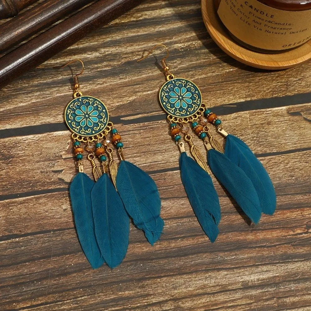Boho Feather Earrings Ethnic Dream Catcher Long Dangle Tassel Earring Jewelry Accessories Leaf Shape Women Drop Earrings Bride