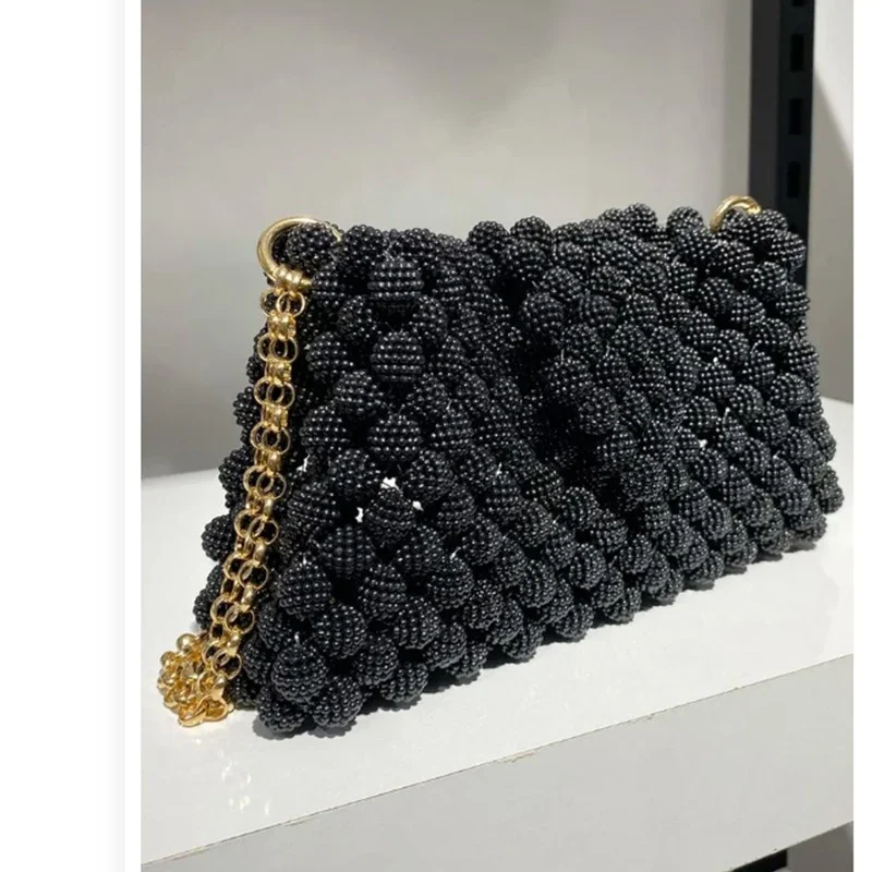 Black Premium Ins Women's Bag Customized Handmade Yangmei Ball Bead Chain Flap Crossbody Bags for Woman 2026 New Party Banquet
