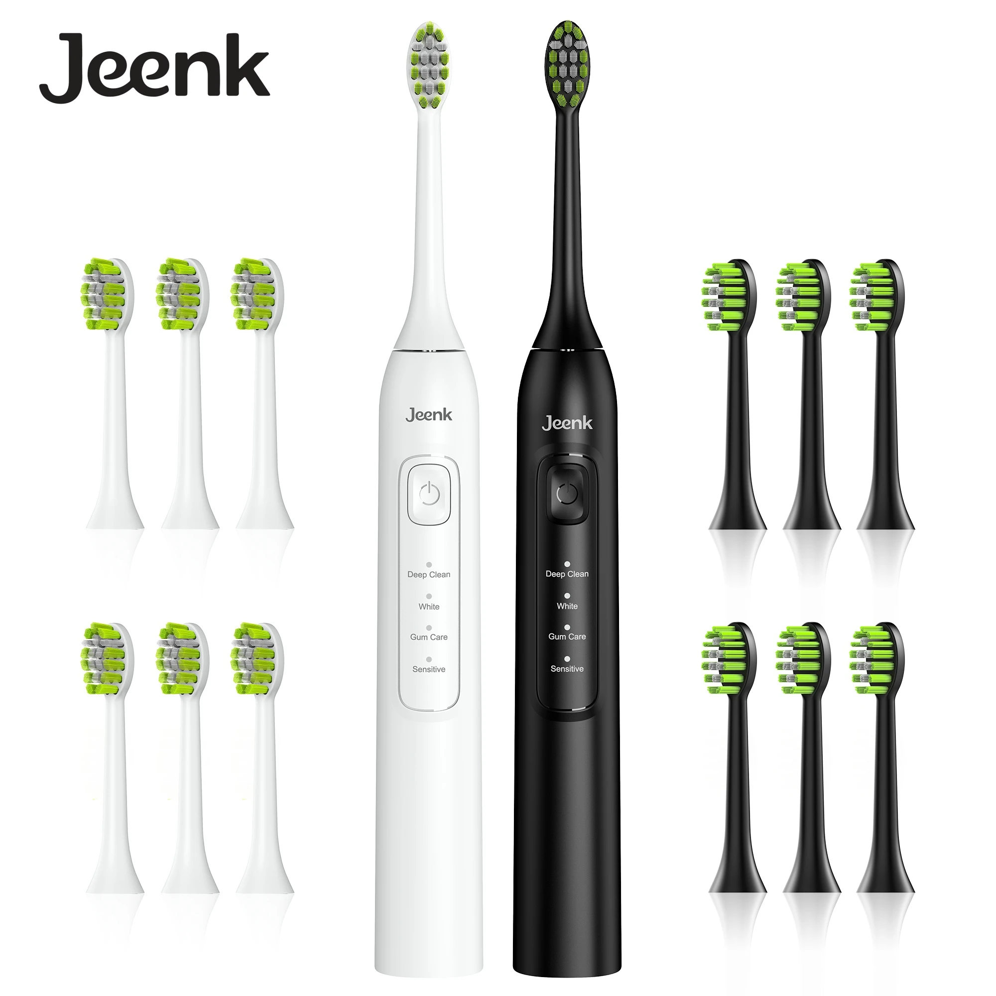 

Jeenk Sonic Electric Toothbrush set USB Charge Toothbrushes for Adult 4 Mode Smart Time Black/White 12 Replacement Heads JK-Y05