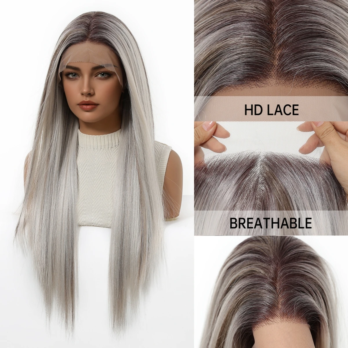 HAIRCUBE 13*6 Lace Frontal Straight Wigs Platinum Highlight Synthetic Wigs With Dark Roots Pre Plucked Hair For Women Cosplay