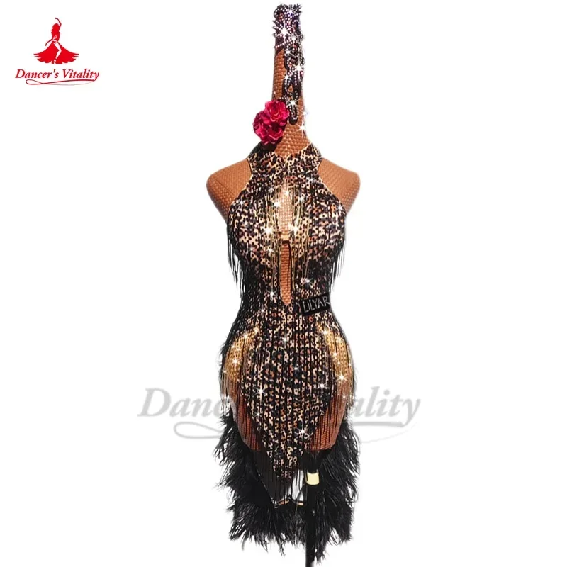 

Latin Dance Performance Competition Dress Art Exam Adult Leopard Pattern Sparkling Stones Black Feather Latin Dancing Dresses