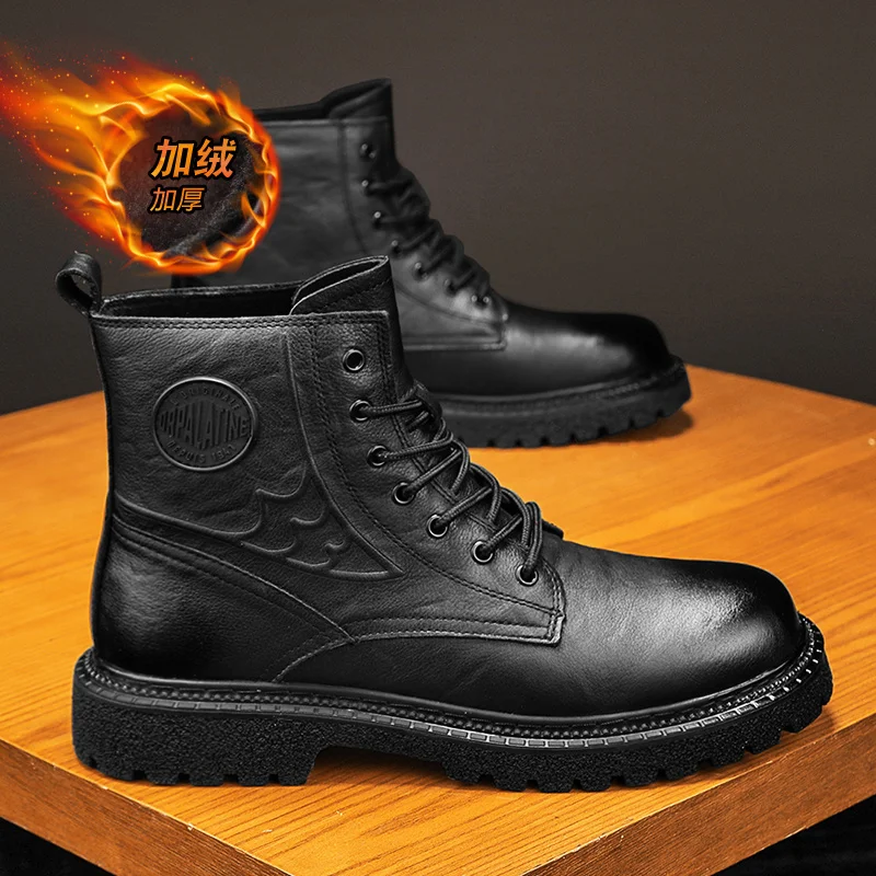 2026 New Men Genuine Leather High Ankle Boots Two Styles Lined Fleece or Single Layer Casual Walking Leather Shoes