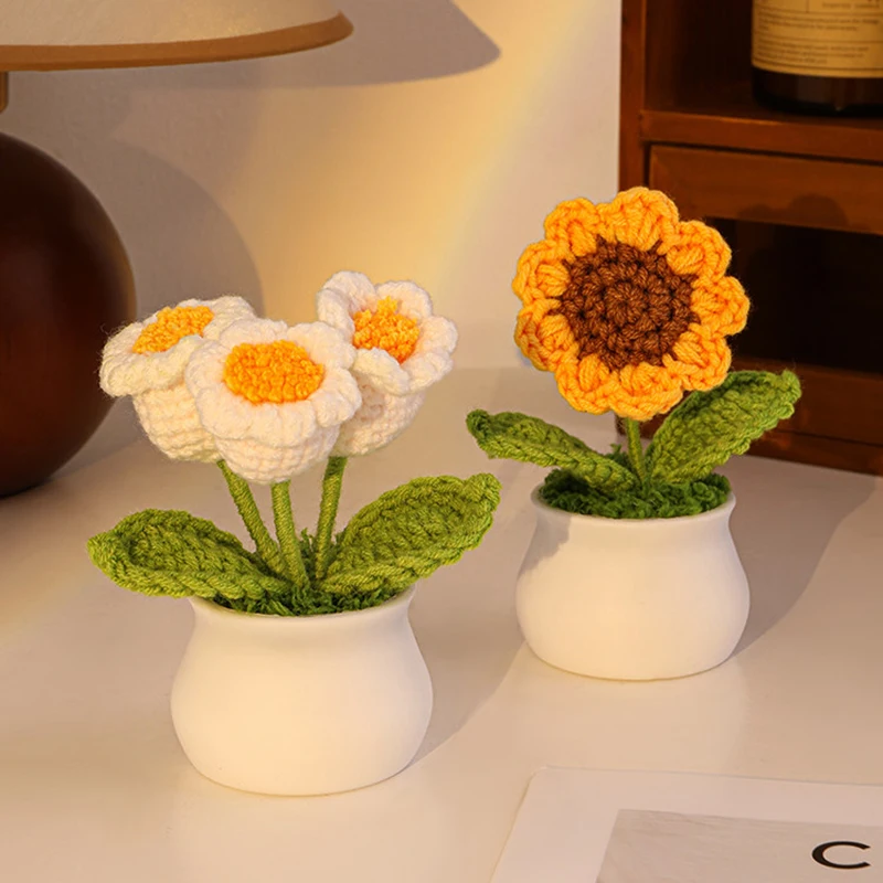 Nordic Creative Gift Girls Sunflower Bouquet Ornament Hand-Knitted Wool Flower Desktop Decoration Bedroom Home Decoration FYFM