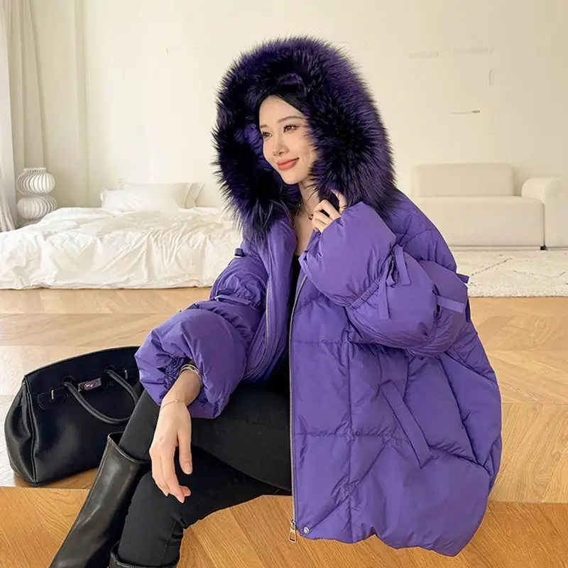 Imagem -06 - Parka de Pele de Guaxinim Natural Real para Mulheres Jaqueta de Ganso Branco Cabolsa Puffer Quente Solto Parkas Meio-longas Grossas Femininas Novo Inverno 2023