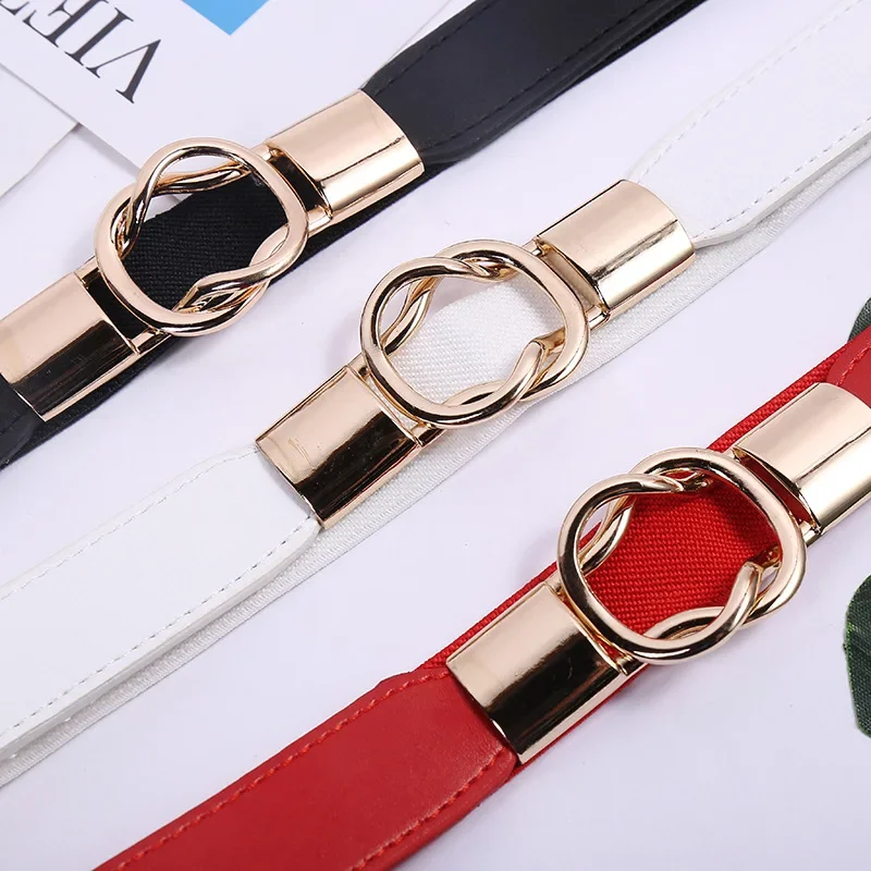 New Fashion Women's Belt Elastic Waistband Gold Circle Buckle Versatile Belts Red Thin Cummerbund Strap Decorative Accessories